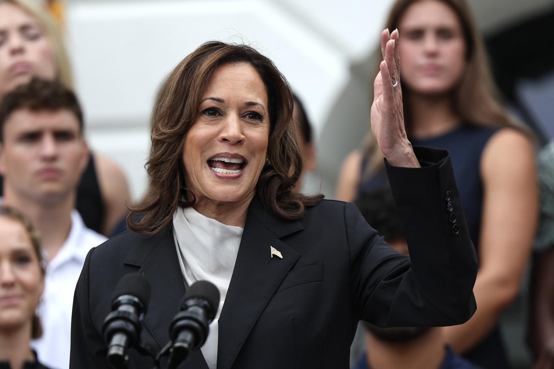 US Vice President Harris hosts event with college athletes at the White House