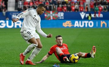 Real Madrid se deja dos puntos en Pamplona y pierde a Bellingham por roja directa