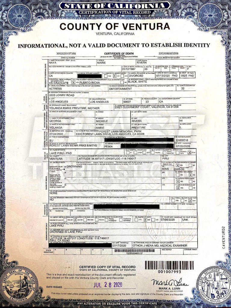 certificado de defunción Naya Rivera