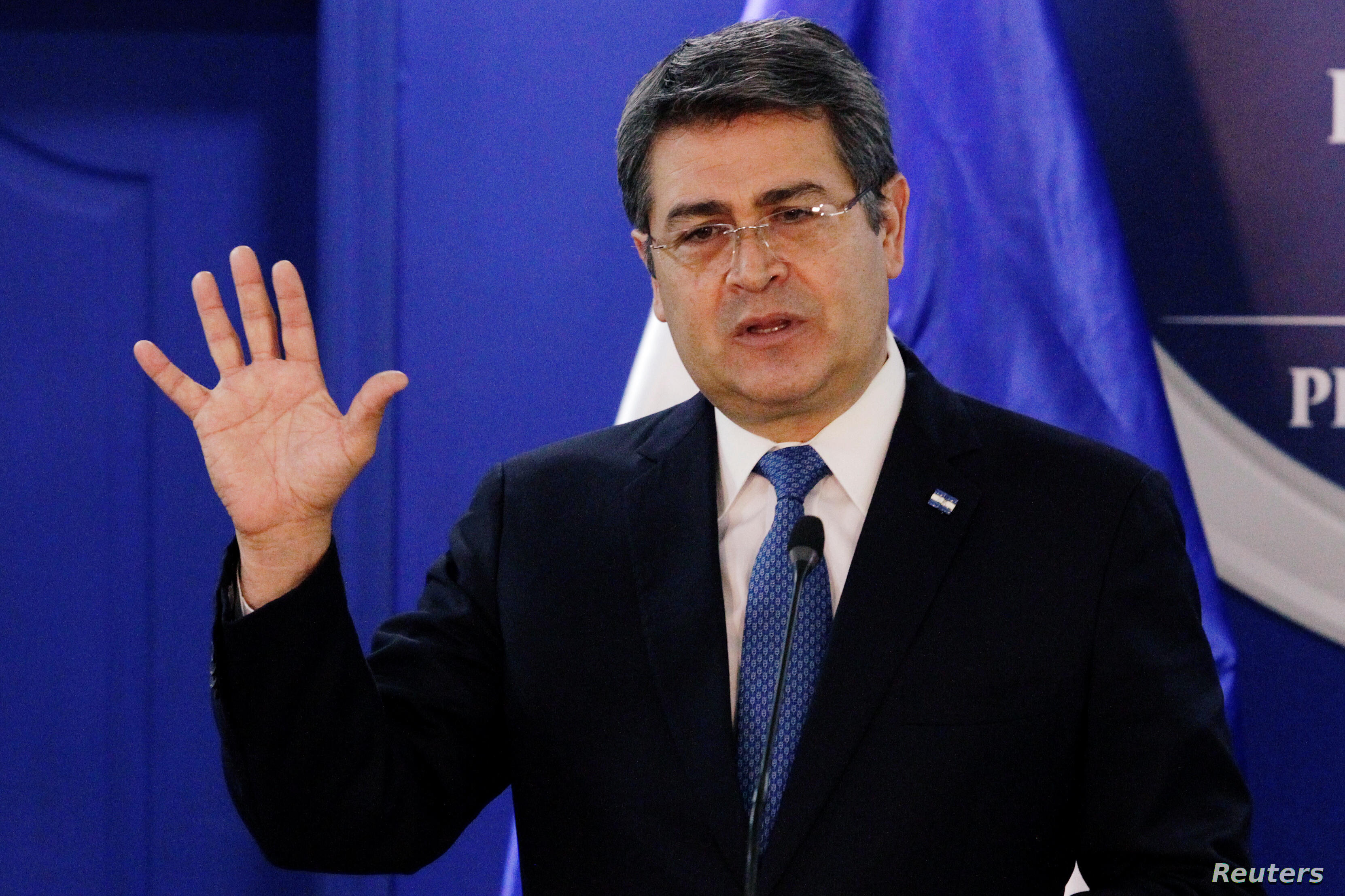 Honduras’ President Juan Orlando Hernandez speaks during a joint message with U.S. Department of Homeland Security (DHS) acting Secretary Chad Wolf (not pictured), in Tegucigalpa