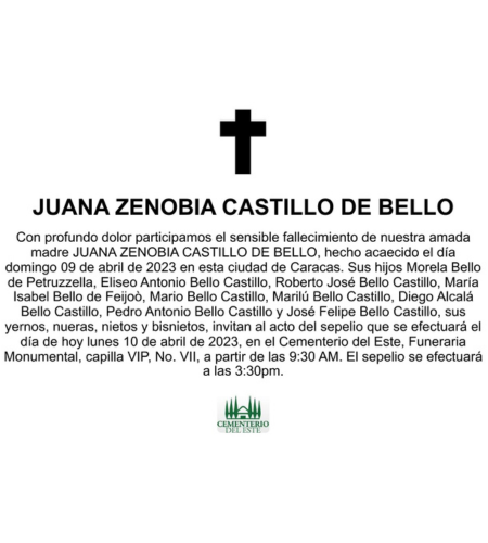 Obituario Juana Zenobia Castillo De Bello