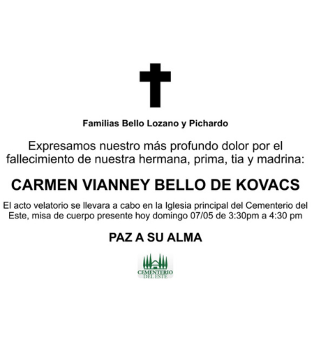 Obituario Carmen Vianney Bello De Kovacs