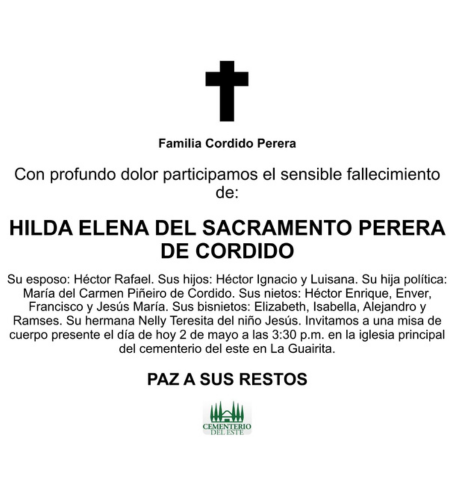 Obituario Hilda Elena Del Sacramento Perera De Cordido ..