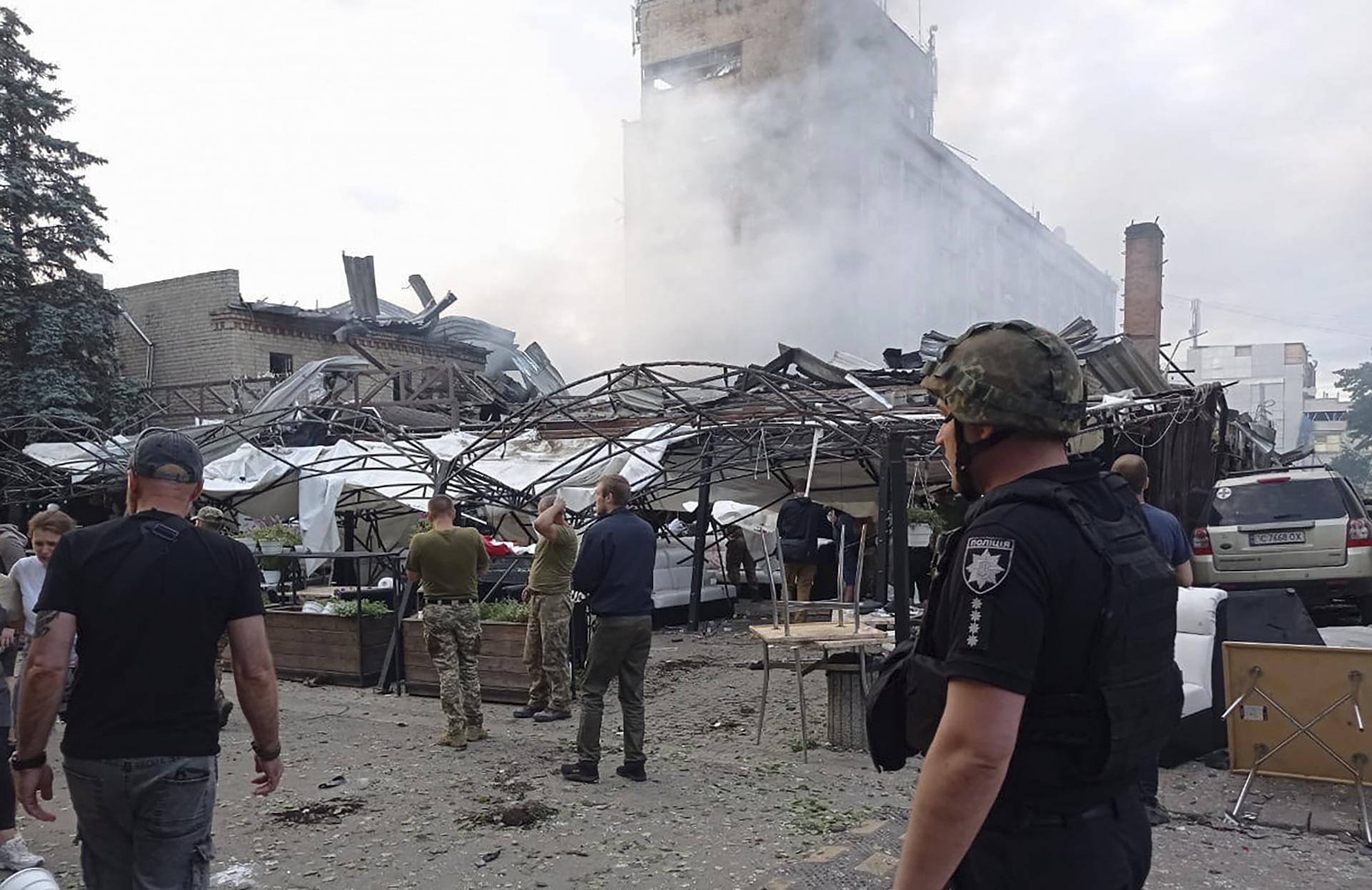 At least two people died and 22 others injured after a rocket hit downtown Kramatorsk