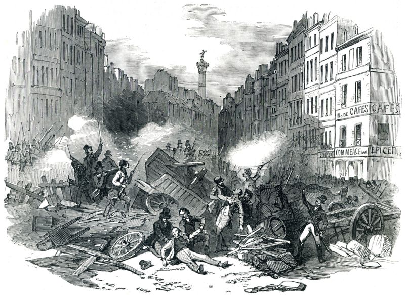Ilustración de una barricada en la calle de Faubourg Saint-Antoine durante la Segunda Revolución Francesa