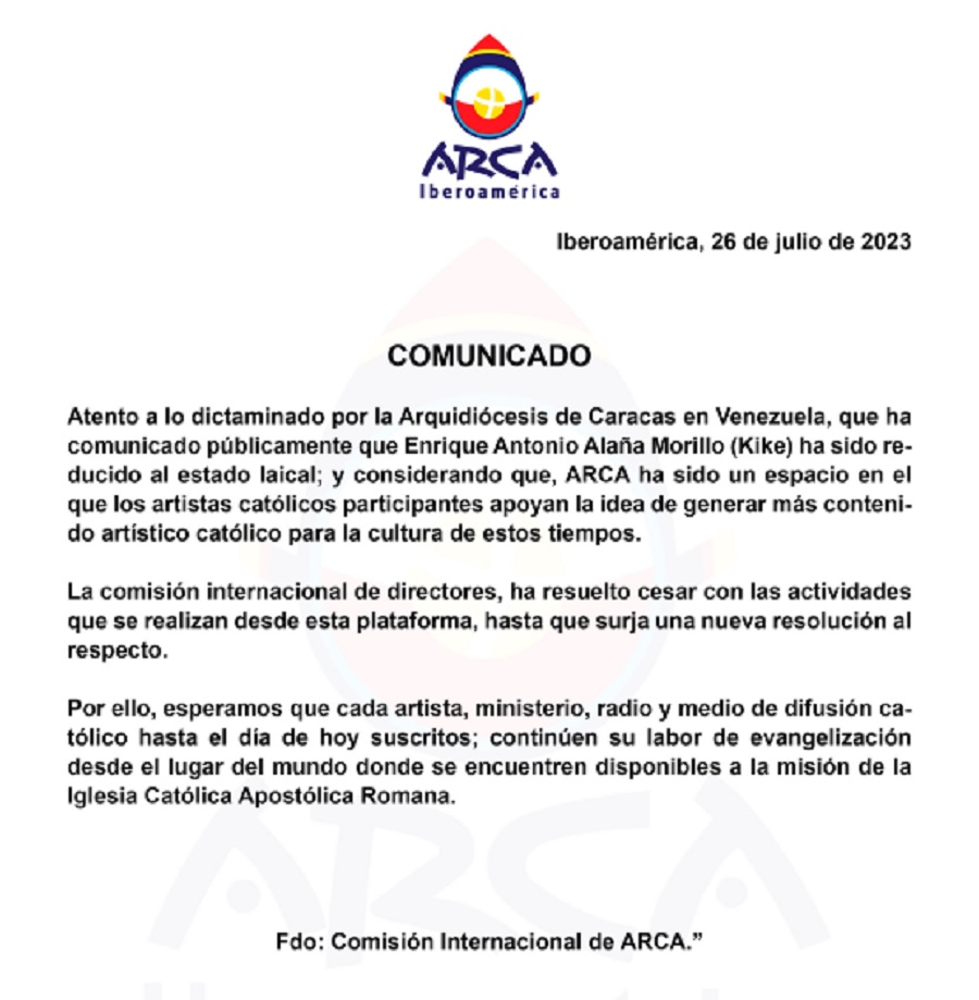 Comunicado de Arca Iberoamérica sobre el padre Kike expulsado 