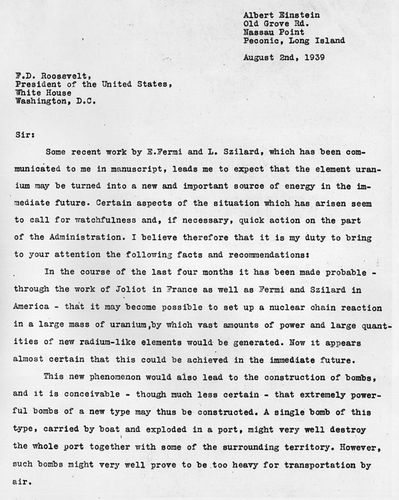 La carta escrita por Szilárd y firmada por Einstein fue enviada al presidente Roosevelt en agosto de 1939