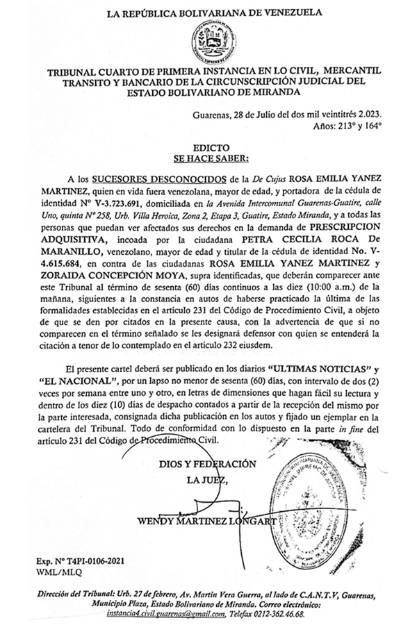 Edicto Prescripción Adquisitiva Rosa Emilia Yanez Martínez