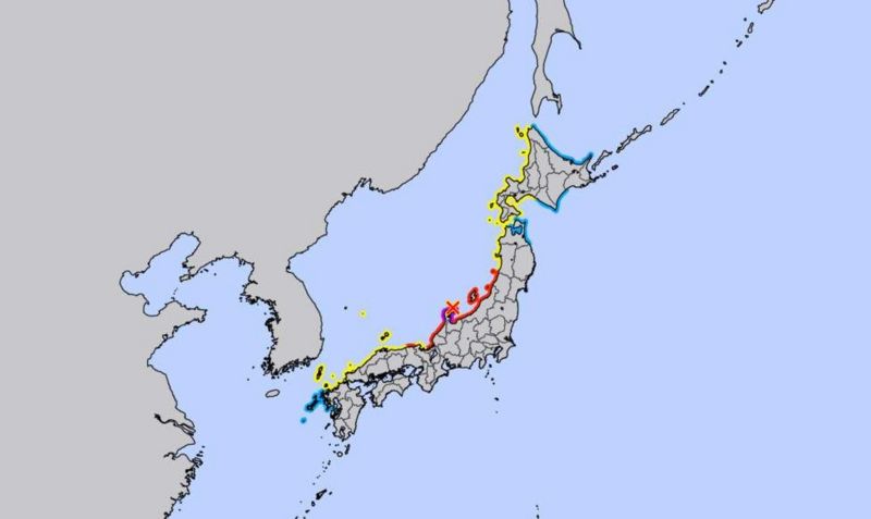 La Agencia Meteorológica de Japón publicó un mapa mostrando las zonas afectadas. La X roja marca el epicentro cerca de la ciudad de Suzu