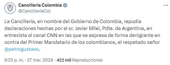 Tweet Cancillería de Colombia