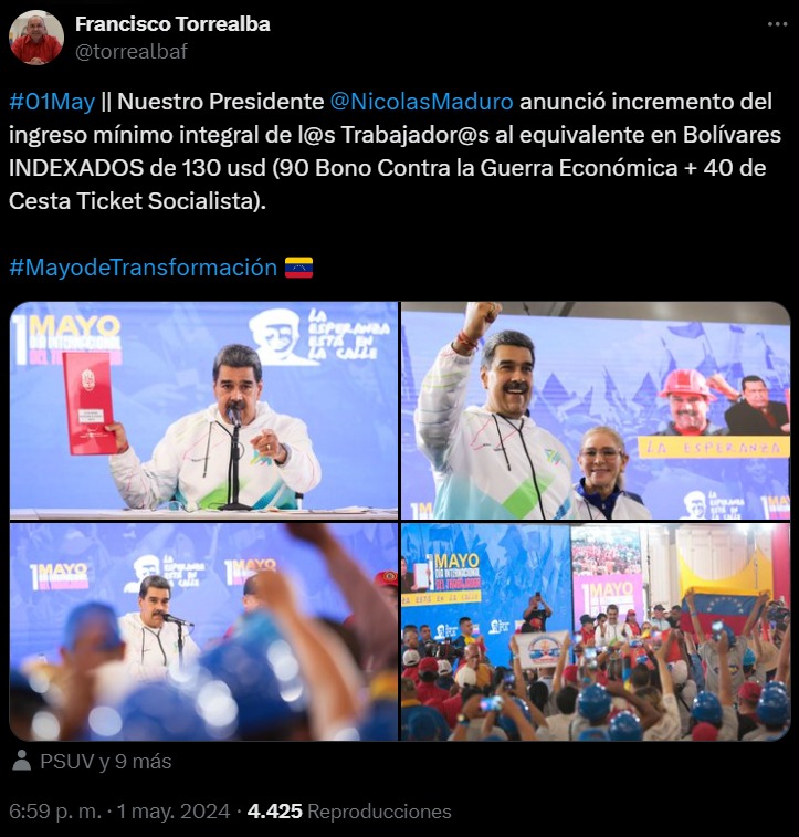 Tuit Torrealba sobre aumento de Maduro 