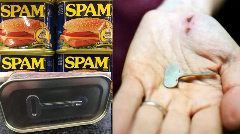 Las latas de Spam (izq. arriba) vienen con una llave (izq. abajo), y, poco después de la accidentada aventura, Helene mostro la que las salvó (der).