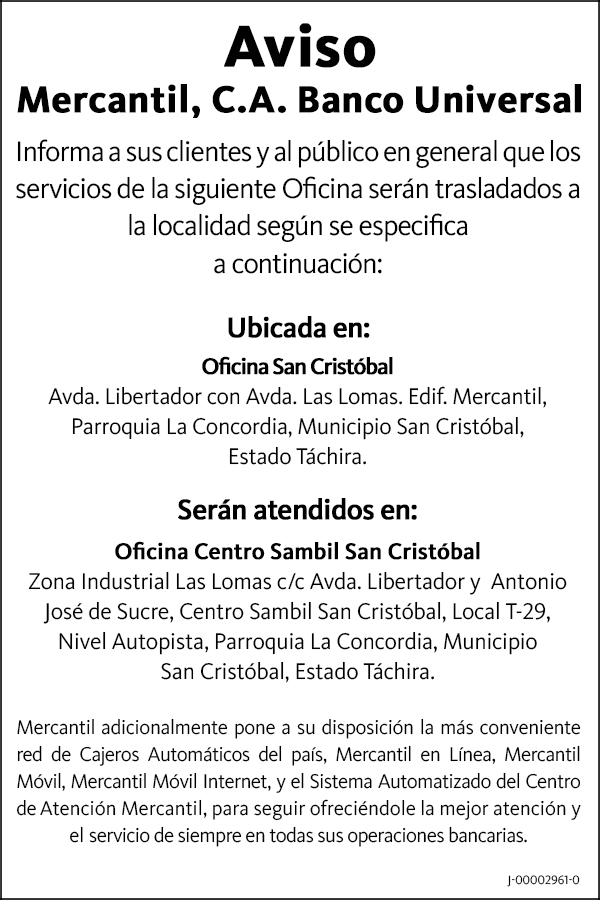 Comunicado Traslado de Oficinas Mercantil, C.A., Banco Universal San Cristobal