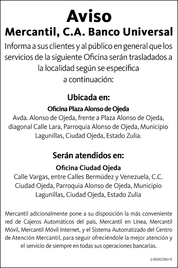 Comunicado Traslado de Oficinas Mercantil, C.A., Banco Universal Ciudad Ojeda