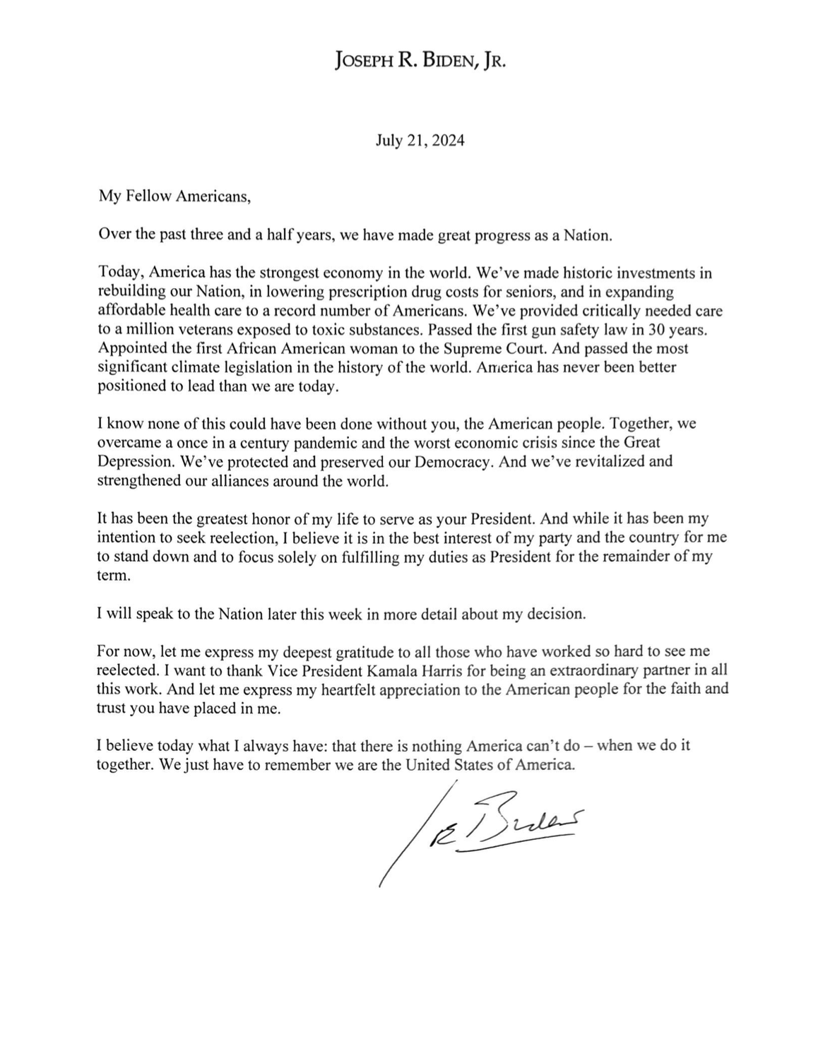 Carta de Joe Biden candidatura