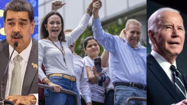 Combo de fotos de Maduro, Machado, Edmundo y Biden.