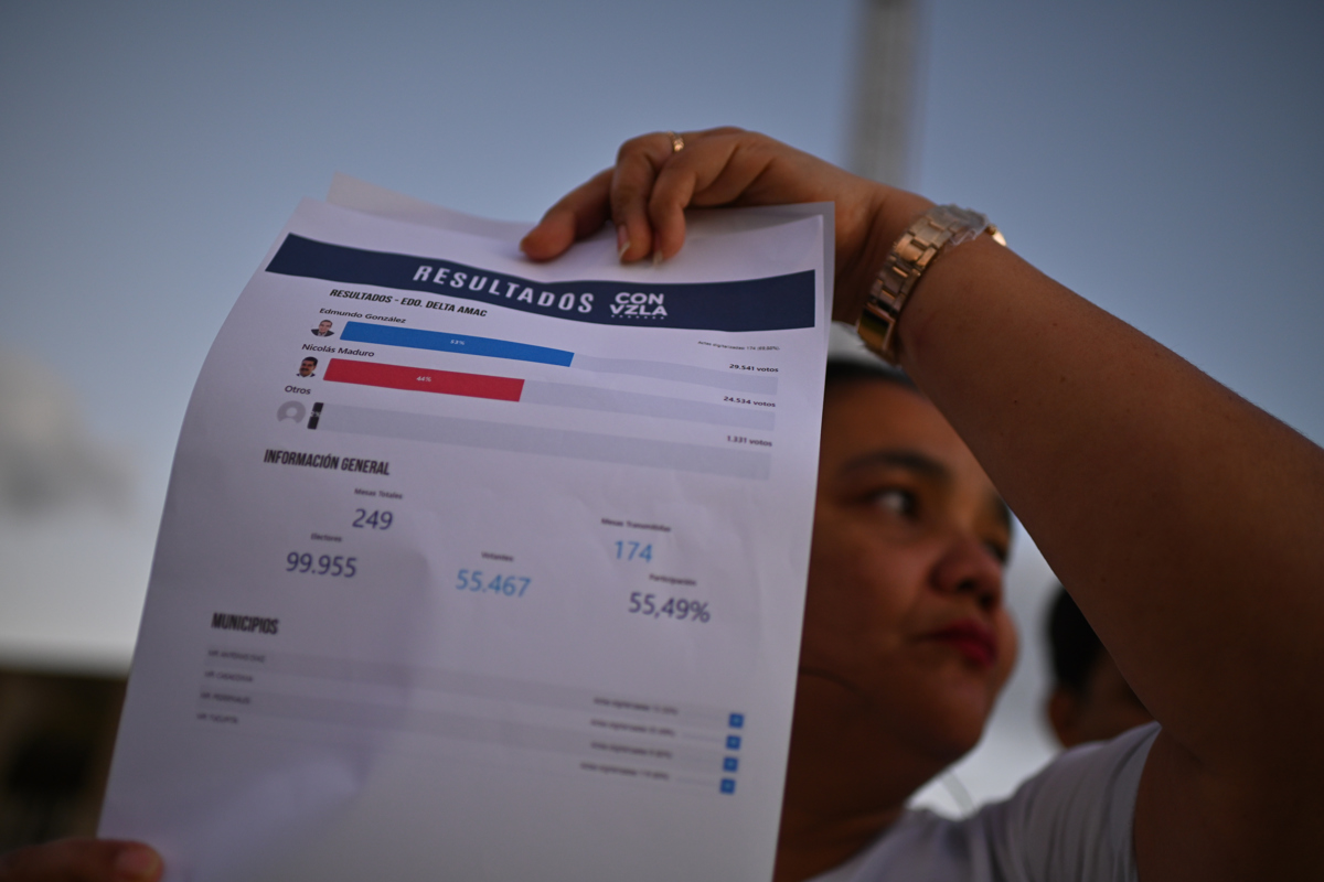 Una mujer venezolana protesta sosteniendo una hoja con los resultados tras las elecciones presidenciales. Foto EFE.