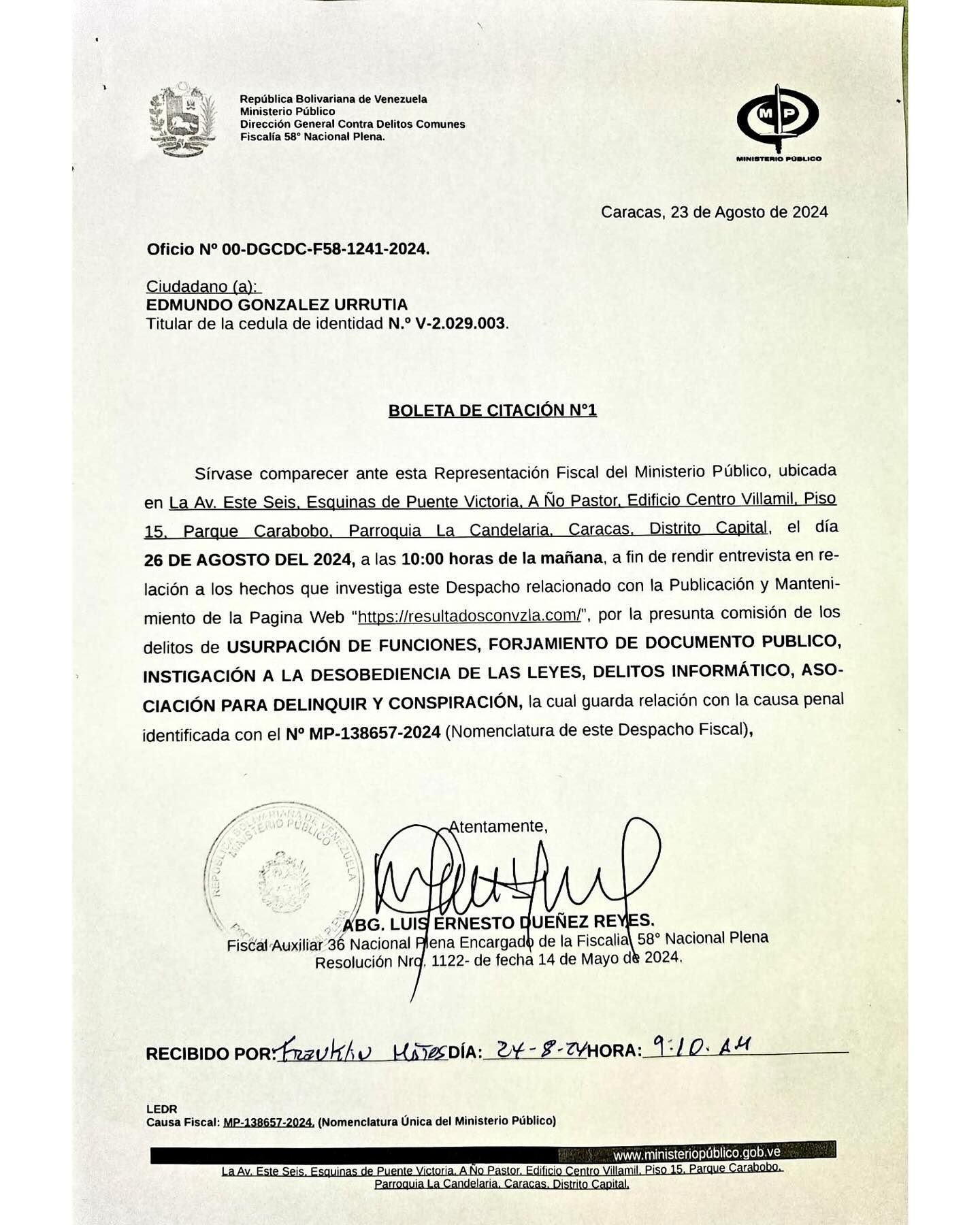 Summons to Edmundo Gonzalez 