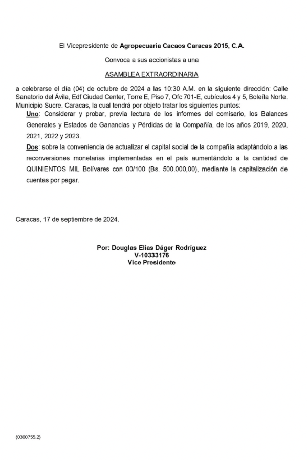 Convocatoria Asamblea Extraordinaria Agropecuaria Cacaos Caracas 2015, C.A.