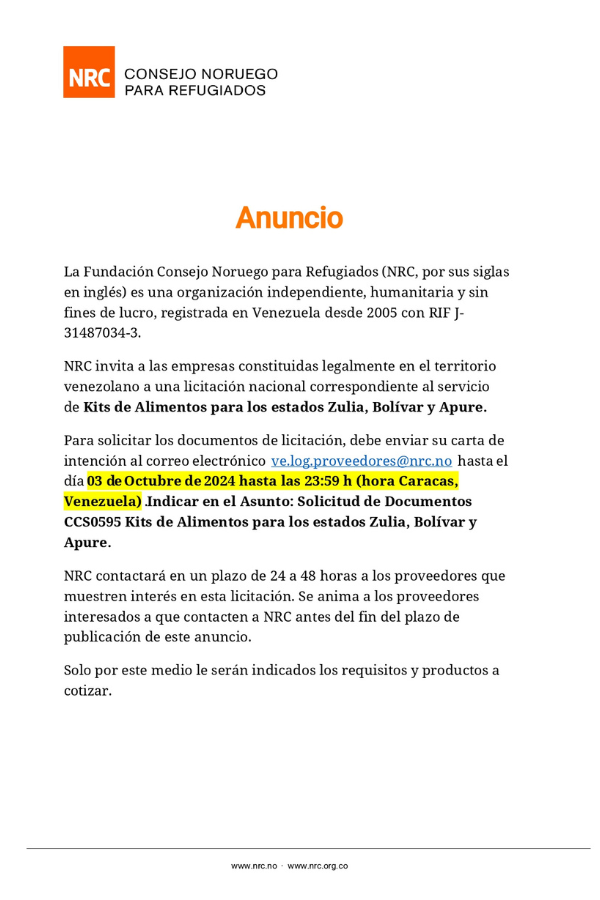 Licitación Nacional Correspondiente al Servicio de Kits de Alimentos para los Estados Zulia, Bolívar y Apure Consejo Noruego para Refugiados