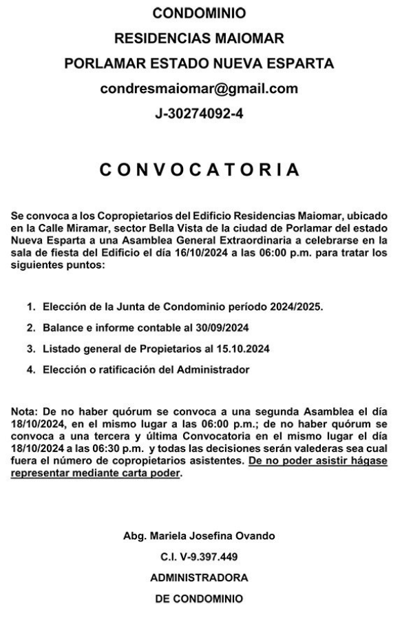 Convocatoria Asamblea General Extraordinaria de Accionistas Condominio Residencias Maiomar