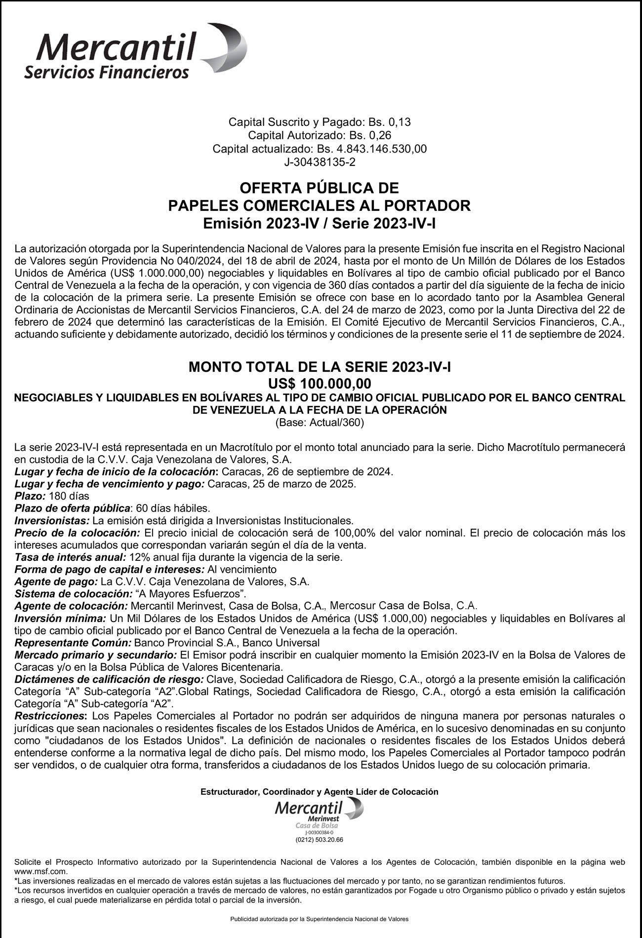 Oferta Pública de Papeles Comerciales al Portador Emisión 2023-IV / Serie 2023-IV-I Mercantil MSF