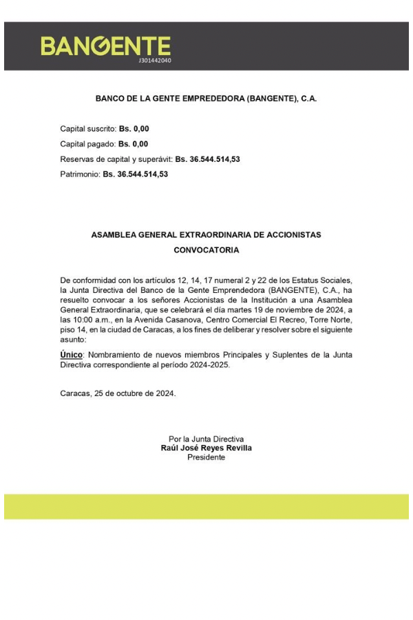 Convocatoria Asamblea General Extraordinaria de Accionistas Bangente