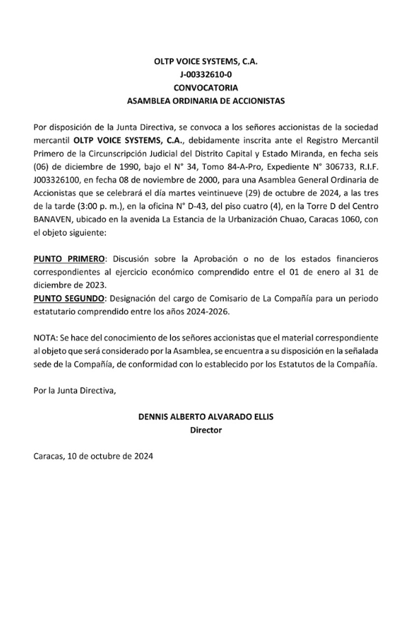 Convocatoria Asamblea Ordinaria de Accionistas OLTP VOICE SYSTEMS,C.A.