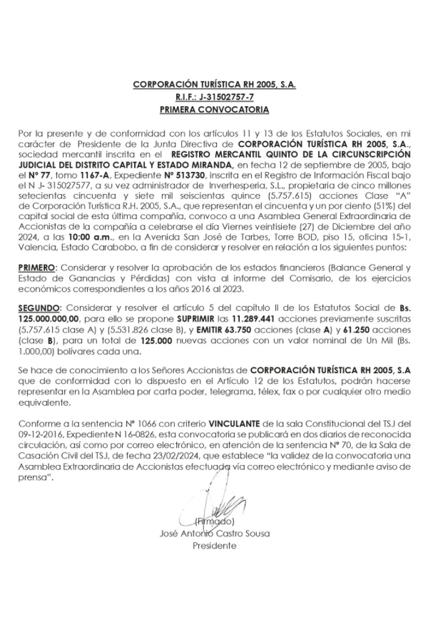 Primera Convocatoria Corporación Turística RH 2005, S.A.