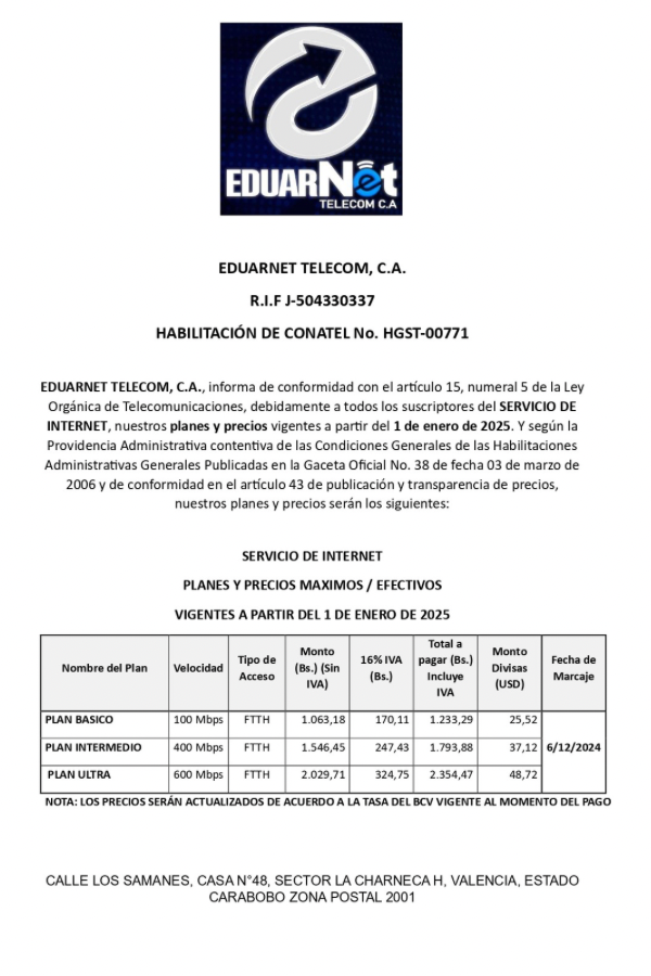 Comunicado Servicios de Internet Eduarnet Telecom, C.A.