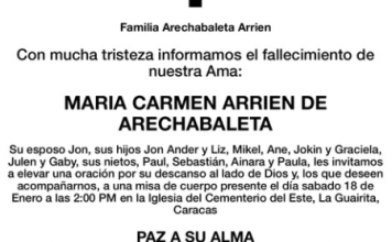 Obituario María Carmen Arrien De Arechabaleta