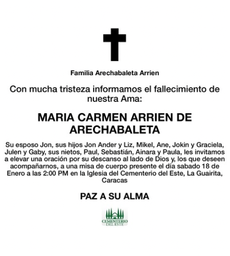 Obituario María Carmen Arrien De Arechabaleta