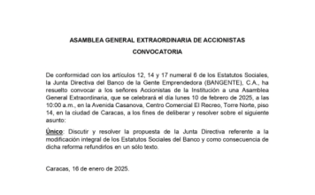 Convocatoria Asamblea General Extraordinaria de Accionistas Bangente