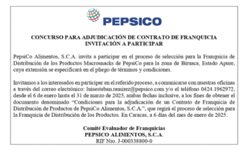 Convocatoria Concurso para Adjudicación de Contrato de Franquicia PepsiCO Alimentos, S. C. A.   –   Zona de Biruaca