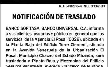 Notificación de Traslado Sofitasa, Banco Universal, C.A.