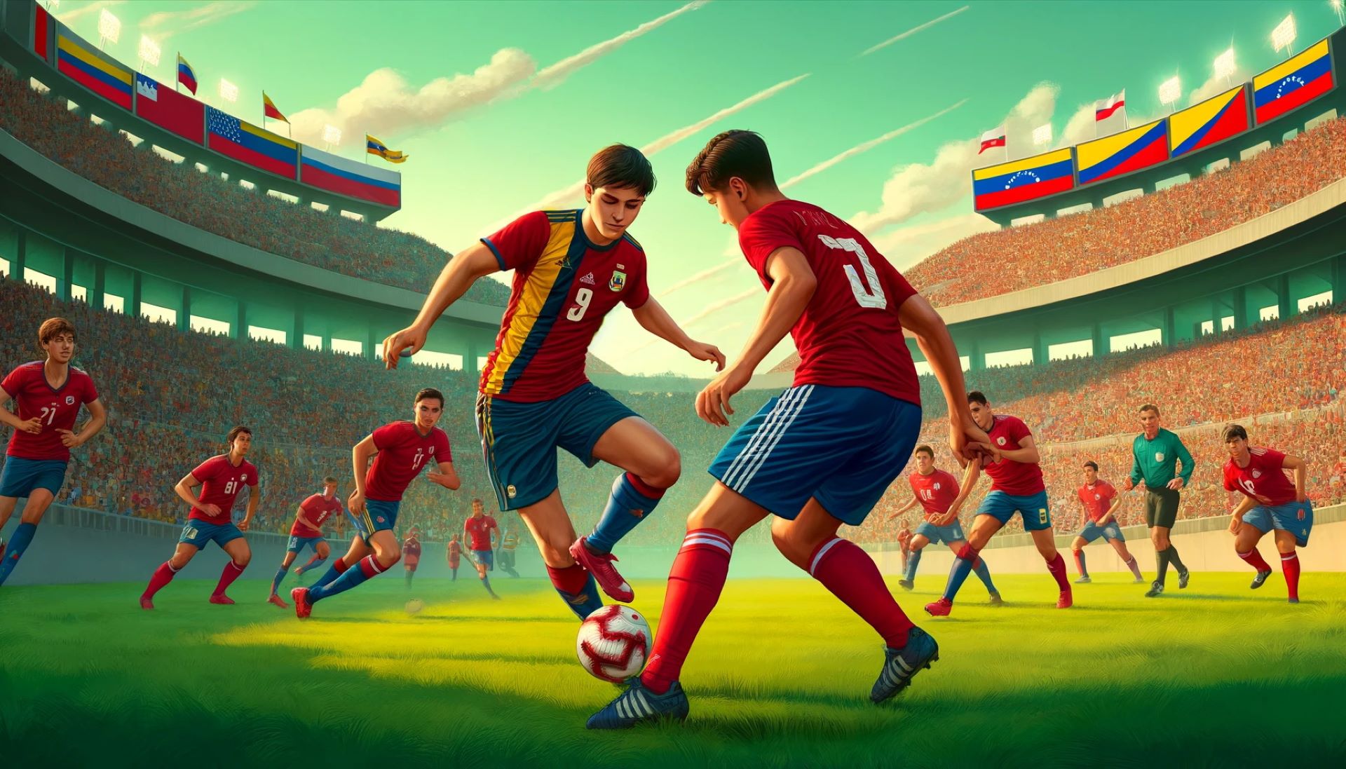 DALL·E 2025-01-29 11.15.31 – Una ilustración detallada de un partido de fútbol sub-20 entre Venezuela y Chile. Los jugadores jóvenes están en acción en un estadio lleno de especta