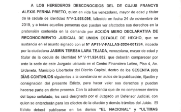 Edicto Acción Mero Declarativa de Reconocimiento Judicial de Unión Estable de Hecho a los Herederos Desconocidos del De Cujus Francys Alexis Pernia Prieto (7)